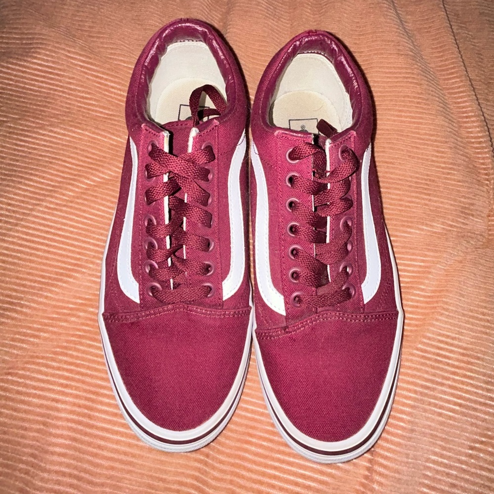 Maroon Old Skool Vans. Size 10 women’s, 8.5 men’s.